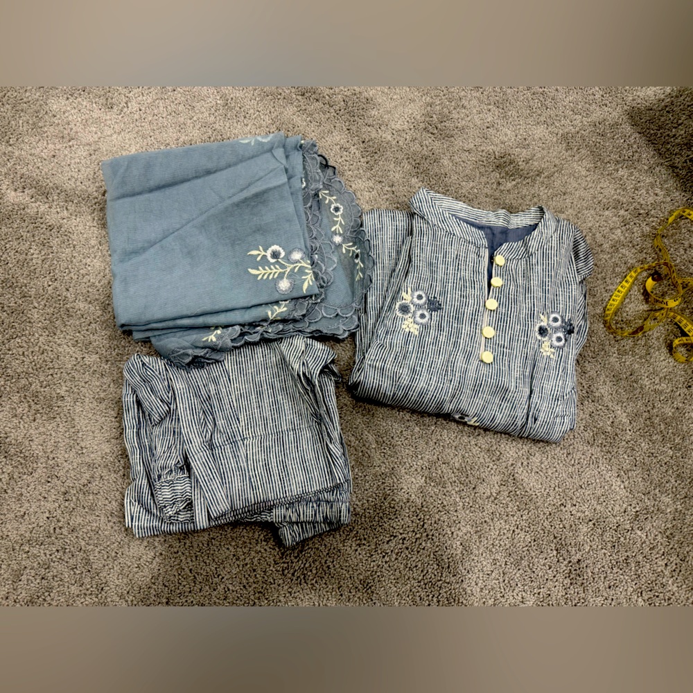 Brand new light blue embroidered shirt with pant with embroidery dupatta